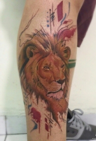 小腿欧美狮子头像彩色纹身图案