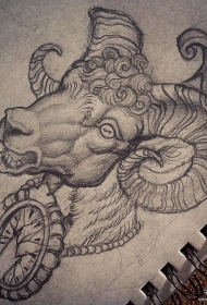 欧美羚羊头钟表纹身图案手稿