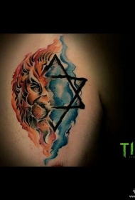 六芒星狮子泼墨彩绘纹身图案手稿