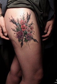 大腿欧美性感花卉箭彩色纹身图案