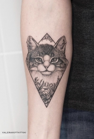 小臂写实猫花蕊几何纹身图案