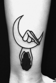 小腿上月亮女郎黑色粗线条纹身图案