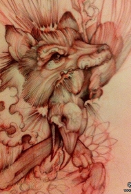 欧美狼头鸟纹身图案手稿
