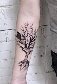 小臂树木线条乌鸦小清新纹身图案