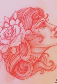 玫瑰欧美女郎school纹身图案手稿