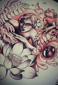 欧美女郎莲花青蛙植物纹身图案手稿
