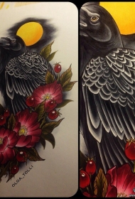 欧美school乌鸦花卉遮盖纹身图案手稿