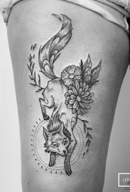 大腿欧美线条狐狸纹身图案