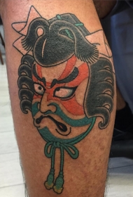 小腿彩色的日式武士tattoo图案