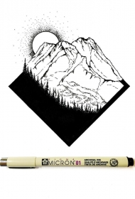 点刺山脉日出几何风景纹身图案手稿