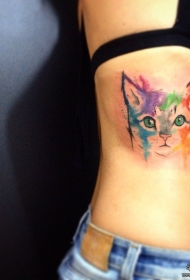 侧腰泼墨猫纹身图案