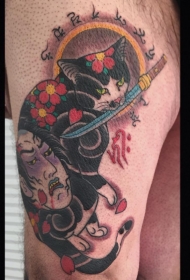 大腿日式纹身猫和生首纹身图案