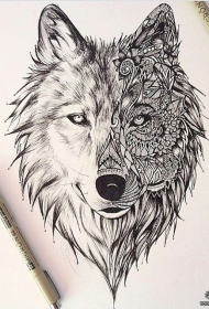 欧美狼头花卉组合欧美黑灰纹身图案手稿