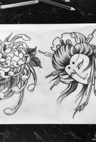 日式艺妓生首和菊花纹身图案手稿