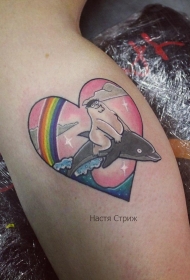小腿小粉红爱心彩虹海豚纹身图案