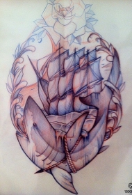 欧美school鲨鱼帆船纹身图案手稿