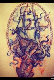 欧美帆船乌贼纹身图案手稿
