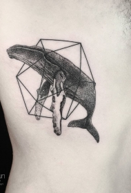 男性侧腰几何点刺鲸鱼纹身图案