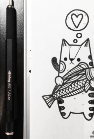 卡通小清新猫和鱼纹身手稿tattoo