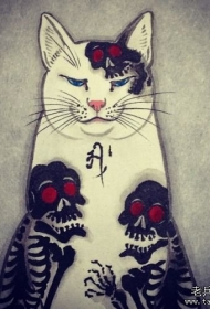 日式传统纹身猫骷髅彩色纹身图案手稿