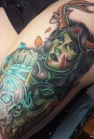 大腿彩绘欧美森林女郎骷髅纹身图案