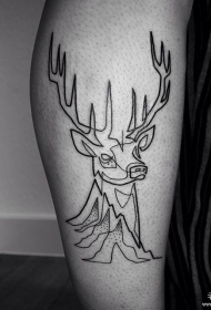 小腿极简线条麋鹿山脉纹身图案
