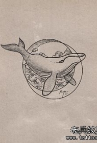 小清新鲸鱼浪花点刺几何纹身图案手稿
