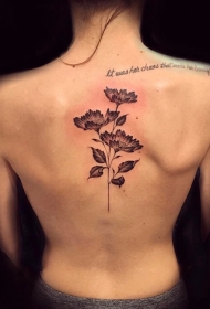 背部欧美黑灰花卉字母纹身图案