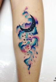 小腿泼墨小清新月亮星星纹身图案
