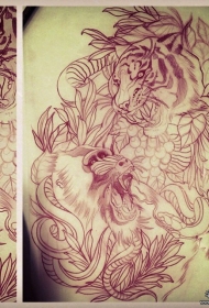 欧美老虎猩猩蛇纹身图案手稿