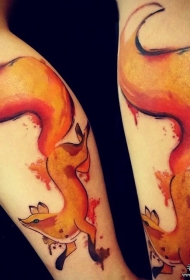小腿泼墨彩色欧美狐狸纹身图案