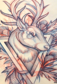欧美麋鹿植物纹身图案手稿