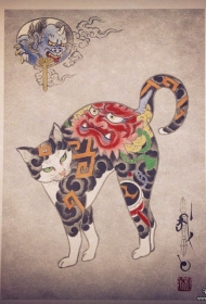 日式传统唐狮纹身猫纹身图案彩色手稿