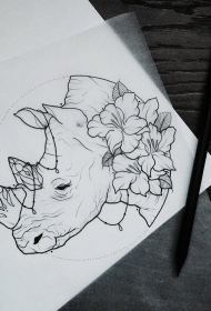 欧美school犀牛花蕊纹身图案手稿