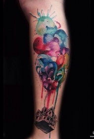 小腿彩色泼墨热气球房子纹身图案