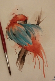 欧美泼墨小清新鹦鹉纹身图案手稿