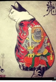 日式传统纹身猫不动明王彩色纹身图案手稿