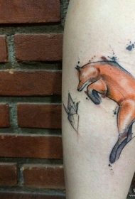 小腿彩色狐狸个性纹身图案