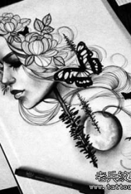 欧美黑灰school女郎蝴蝶花朵纹身图案手稿