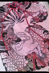 日式半胛九尾狐花蕊纹身图案手稿