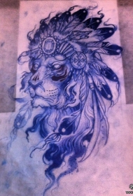 欧美school印第安狮子纹身图案手稿