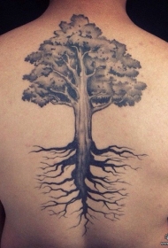 背部欧美黑灰大树纹身图案