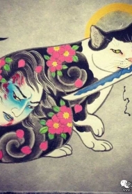 日式传统生首纹身猫纹身图案手稿
