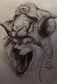 欧美狼头羊纹身图案手稿