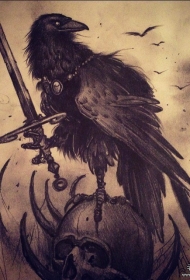 欧美乌鸦剑骷髅纹身图案手稿