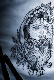 欧美school女郎猫头鹰铃铛玫瑰纹身图案手稿