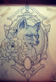欧美school牡丹花狐狸纹身图案手稿
