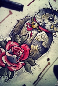 欧美猫头鹰玫瑰彩绘纹身图案手稿