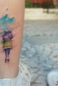 小腿泼墨小清新雨伞人物纹身图案
