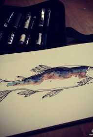 欧美水彩鱼纹身图案手稿